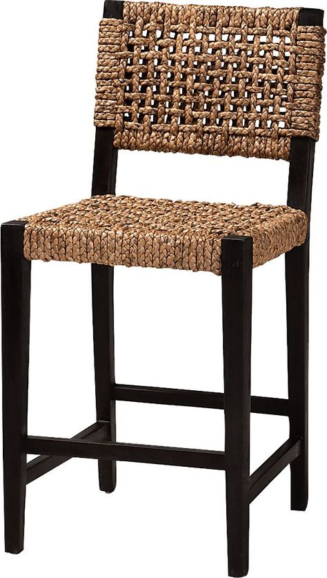 Enjoy a more tropical ambiance in your space with the enchanting Degiorgio brown counter stool. This boho piece is constructed from solid mahogany wood. The backrest and seat are embellished with woven banana fibers interlaced to form a smooth embrace. The Degiorgio will arrive fully assembled and features ergonomic footrests on each side for enhanced relaxation. A candid presentation of exotic craftsmanship, the Degiorgio transforms the mood of any occasion. Due to the nature of the natural mat Nathan James Bar Stool, Barstools In Kitchen With Backs, Bar Stools Ideas, Wicker Counter Stools, Woven Stool, Woven Bar Stools, Lake Kitchen, Wicker Bar Stools, Counter Stools With Backs