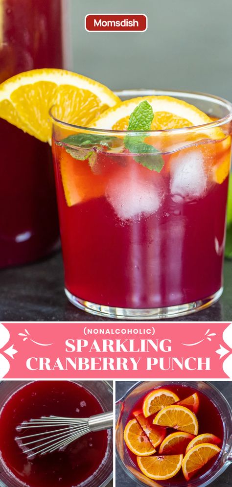 Sparkling cranberry punch is a beverage made from cranberry juice, sparkling water, and pink lemonade concentrate. It has a sweet and refreshing taste with a vivid red color from the cranberries. This punch is alcohol-free, so the whole family can enjoy it! Burgundy Punch Recipes, Cranberry Juice Drinks Non Alcoholic, Cranberry Lemonade Punch, Cranberry Sprite Punch, Cranberry Punch Recipes Non Alcoholic, Red Punch Recipe, Sparkling Wine Punch, Sparkling Cranberry Punch, Red Punch Recipes