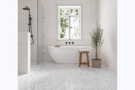 Allora Tile and Monet Mosaic in Bath Monet Marble, Bedrosians Tile, Traditional Baths, White Mosaic, Honed Marble, Marble Mosaic Tiles, Porcelain Floor Tiles, Porcelain Flooring, Marble Mosaic