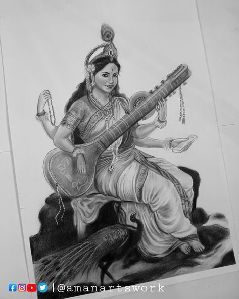 How to draw Saraswati ma realistic drawing with Graphite pencil Sarswati Maa Drawings, Saraswati Devi Drawing, Maa Saraswati Drawing, Saraswati Drawing, Lord Saraswati, Ma Saraswati, Drawing Shading, Maa Saraswati, Dog Drawing Simple