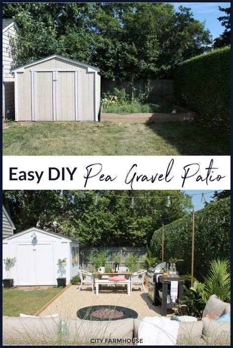 Diy Gravel Patio Ideas, Yard Patio Ideas Budget, Modern Farmhouse Patio Ideas Backyards, Backyard Patio Ideas On A Budget Outdoor Areas Pea Gravel, Diy Gravel Backyard Ideas, Gravel Patio Ideas Budget, Mulch Patio Ideas, Gravel Backyard Ideas, Backyard Cleanup