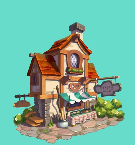 Bakery House on Behance Bakery Building, Bakery House, Simple Cottage, Cartoon House, Vintage House Plans, Props Art, Medieval Houses, Isometric Art, Landscape Concept