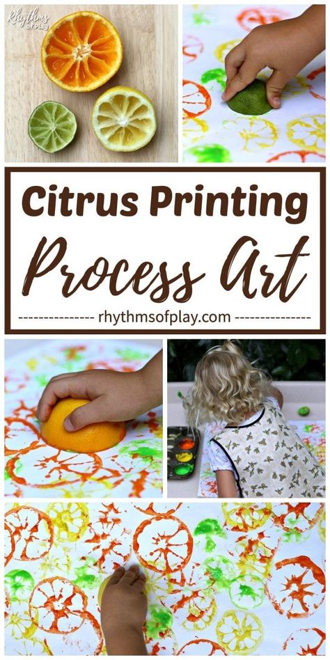 Yellow Lesson Plans Preschool, Preschool Art Materials, Preschool Art Activities Summer, Painting With Fruit, Art Lessons For Preschoolers, Preschool Group Projects, Food Projects For Preschoolers, Summer Process Art Preschool, Processed Art For Preschoolers