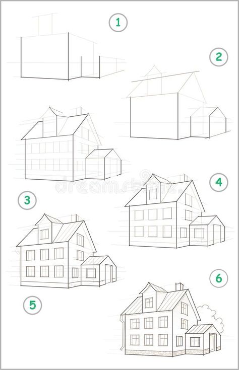 Drawing Houses Step By Step, How To Draw Houses Step By Step, Draw A House, Architecture Drawing Sketchbooks, Perspective Drawing Architecture, Architecture Drawing Plan, Perspective Drawing Lessons, Cartoon Image, Cool Pencil Drawings