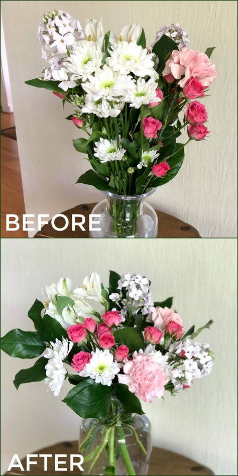 Small Square Centerpieces, Diy Real Flower Arrangements, How To Make A Large Flower Arrangement, Store Bought Flower Arrangement, Floral Arrangements In Vases, Foral Arrangment Diy, Flower Arengment Diy Vase, How To Do Floral Arrangements, How To Store Faux Florals