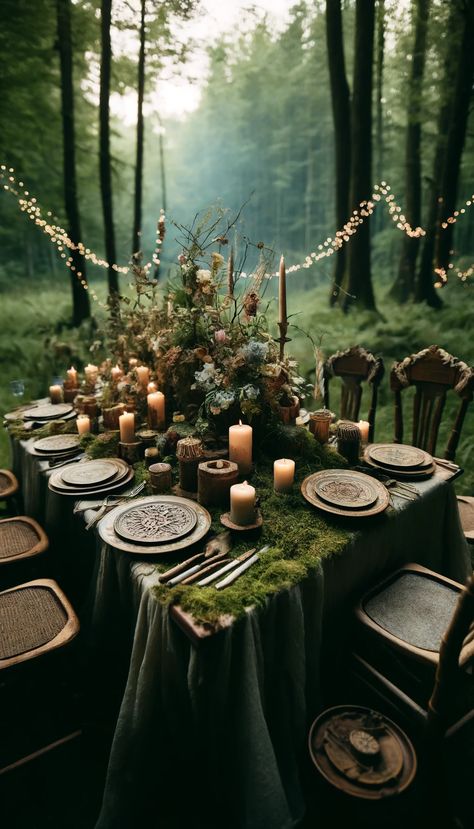 20+ Enchanting Outdoor Wedding Table Decoration Ideas to Inspire Your Special Day 🌿💍 - Laugh Lore Outdoor Enchanted Forest Party, Forest Theme Wedding Centerpieces, Fairy Wedding Theme Enchanted Forest Table Settings, Enchanted Forest Wedding Table Decor, Fall Wedding Alter Decor, Enchanted Woodland Wedding, Pegan Wedding Decor, Woodland Decorations Forest Theme, Forest Table Decorations