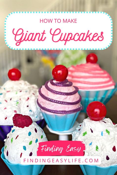 Watch as I show you step by step how to make giant cupcakes that will be a show stopper at your next birthday party! Diy Giant Cupcake Decoration, Candy Themed Birthday Party Ideas Diy, How To Make Gum Drops Decorations, Diy Giant Cupcake Prop, Diy Cupcake Decorations, Giant Cupcake Decoration Diy, Diy Gumdrops Decorations, Diy Giant Cupcake, Diy Giant Candy Props