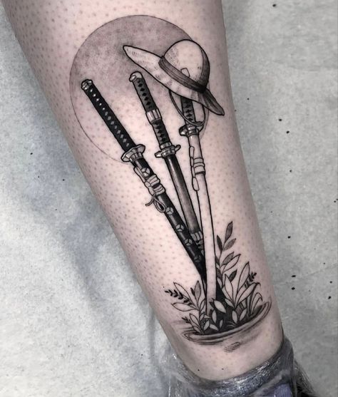 One Piece Tattoo Zoro Swords, Anime Tattoo Designs One Piece, Zoro And Luffy Tattoo Ideas, Enma Zoro Swords Tattoo, Jujutsu Kaisen Minimalist Tattoo, Zoro Swords Tattoo, One Piece Tattoo Ideas Design, Zoro Tattoo Design, Zoro Tattoo Ideas