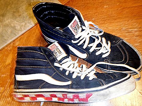 worn Vans hi-tops, skateboard. skater shoes, laces, off the wall, 1990's skate shoes, black vans red checks, customs. Shoes Laces, Vans Hi, Skater Shoes, Vans Red, School Dance, Motorcycle Riding, Black Vans, School Dances, Vans Off The Wall