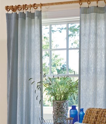 Ticking Stripe Curtains, Nautical Curtains, Coastal Cottage Decorating, Fast Recipes, Country Curtains, Coastal Living Rooms, Blue Curtains, Beach House Design, Nautical Home