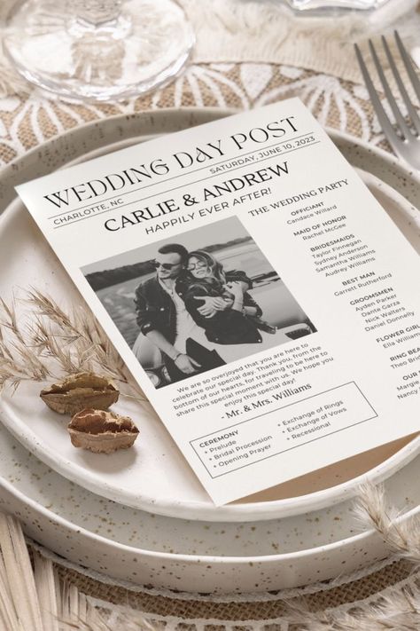 Wedding Program Examples, Wedding Newspaper Template, Catholic Wedding Program, Fun Wedding Programs, Wedding Itinerary Template, Newspaper Wedding, Wedding Planning Boards, Wedding Weekend Itinerary, Newspaper Wedding Programs