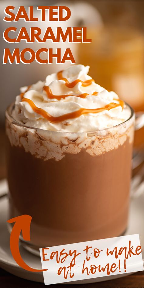 You can make a salted caramel mocha at home that’s even better than the coffee house version with just a few simple ingredients. Salted Caramel Coffee Recipe, Winter Coffee Recipes, Caramel Coffee Drinks, Caramel Coffee Recipe, Mocha At Home, Baking Mischief, Flavored Coffee Recipes, Caramel Drinks, Coffee Recipes Hot