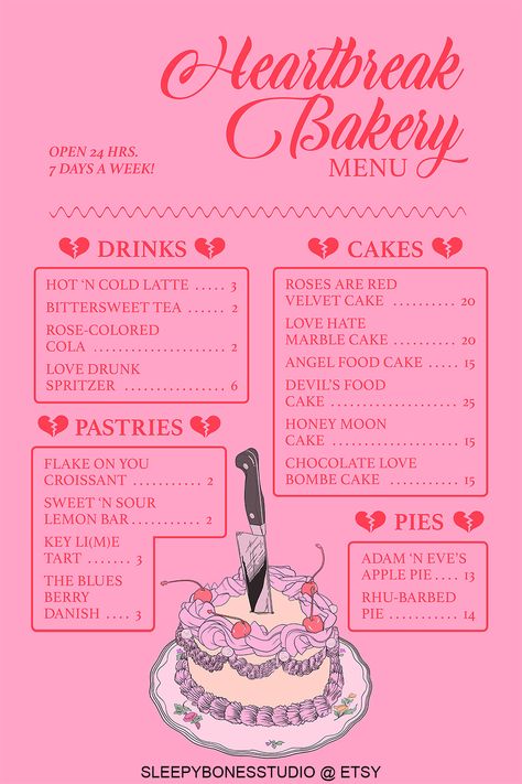 pink bakery menu poster design with hand drawn vintage cake Kawaii Menu Design, Bakery Menu Aesthetic, Baking Menu Design, Pastry Menu Design Ideas, Bakery Poster Design Ideas, Menu Design Aesthetic, Cake Menu Design Ideas, Pink Menu Design, Menu Aesthetic Design