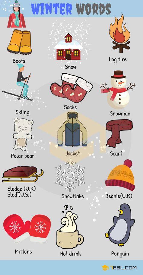 Seasons List: Useful Seasons Vocabulary Words with Pictures - 7 E S L English Winter, Winter Vocabulary, Language Logo, For Seasons, Winter Words, Learning English For Kids, Language Quotes, English Vocab, Foreign Language Learning