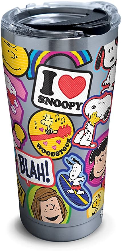 Tervis Peanuts-Sticker Collage Insulated Tumbler with Clear and Black Hammer Lid, 20 oz Stainless Steel, Silver Sticker Collage, Metal Tumblers, Tervis Tumbler, Double Wall Tumblers, Custom Tumbler, Collage Design, Peanuts Gang, Snoopy And Woodstock, Starbucks Cups