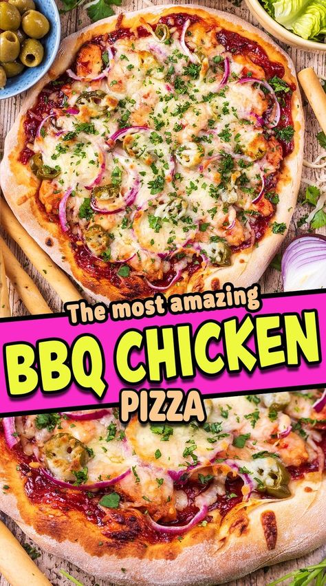 BBQ chicken pizza with a text title overlay. Chicken Bbq Pizza, Easy Healthy Pizza Recipes, Homemade Bbq Chicken Pizza, Low Sugar Bbq Sauce, Bbq Chicken Pizza Recipe, Crispy Pizza Crust, Easy Bbq Chicken, Shredded Bbq Chicken, Fakeaway Recipes