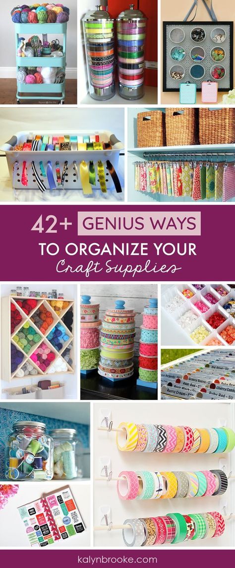 I love every one of these ideas for organizing craft supplies! Total #CraftRoomGoals. If you need a one stop shop for craft storage inspiration this is it! Everything is organized by category: Scrapbook Paper Organization, Sticker Organization, Stamp Organization, Washi Tape Organization, Ribbon Organization, Knitting Organization, Sewing Organization, and even craft organization tips for all the odds and ends in your craft room! via @kalynbrookeco Organizing Craft Supplies, Scrapbook Paper Organization, Scrapbook Paper Storage, Knitting Organization, Ideas For Organizing, Ribbon Organization, Sewing Room Storage, Craft Storage Organization, Scrapbook Organization