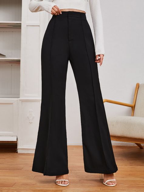 Black Elegant   Polyester Plain Flare Leg Embellished Slight Stretch Spring/Summer/Fall Women Bottoms Formal Outfits For Women Flare Pants, Flared Office Pants, Black Flare Trousers, Flare Pants Outfit Formal, Flare Dress Pants Outfit, Formal Flare Pants, Shein Trousers, Flare Trousers Outfit, Flared Trousers Outfit