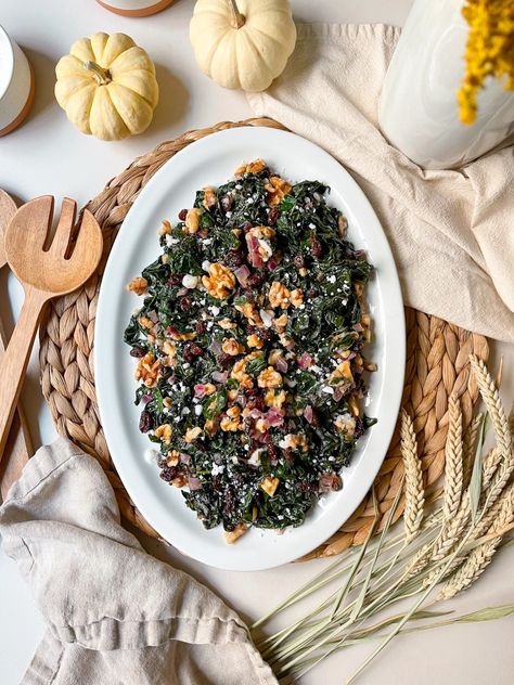 Savory Kale Salad, Nikki Vegan, Warm Kale Salad, Salad With Walnuts, Vegan Feta, Vegan Feta Cheese, Vegan Gravy, Vegan Holiday Recipes, Kale Salad Recipes