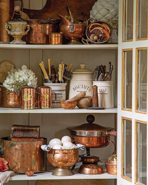 Take A Sneak Peek of Our New French Cottage Special Issue, Brimming with Storied Style - Cottage Journal Copper Pots And Pans, Cottage Journal, Copper Decor, Organizing Hacks, Cabinetry Design, French Country Kitchen, French Kitchen, Cozy Kitchen, Copper Pots