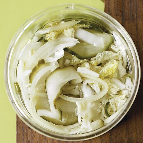 Pickling this cabbage gives you a fresh twist on sauerkraut. Napa Cabbage Recipes, Sauerkraut Recipe, Hot Dog Toppings, Sandwiches Wraps, Canning Ideas, Sauerkraut Recipes, Fermentation Recipes, Pickle Butter, Vegetarian Cabbage