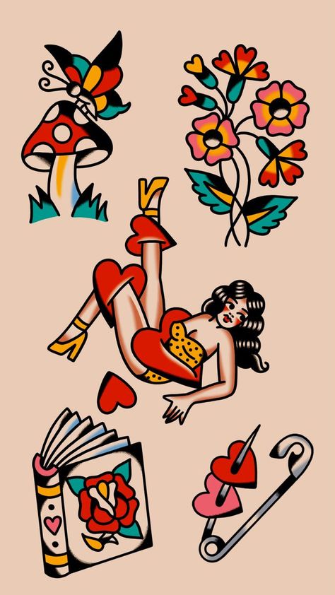 #tattoo #tattoos #inked #tattooart #tattooed #tattooideas #tattoodesign #tattooinspiration #tattoosleeve #tattooflash #inkedgirls #tattooedwomen  #InkLaughs  #TattooFails Traditional Style Tattoo Flash, 1970s Tattoos, Traditional Tattoo Art Woman, Bug Tattoo Flash, Flash Art Traditional, Tattoo Flash Art Traditional, Simple Tattoo Flash, Flash Tattoo Traditional, Cute American Traditional Tattoo