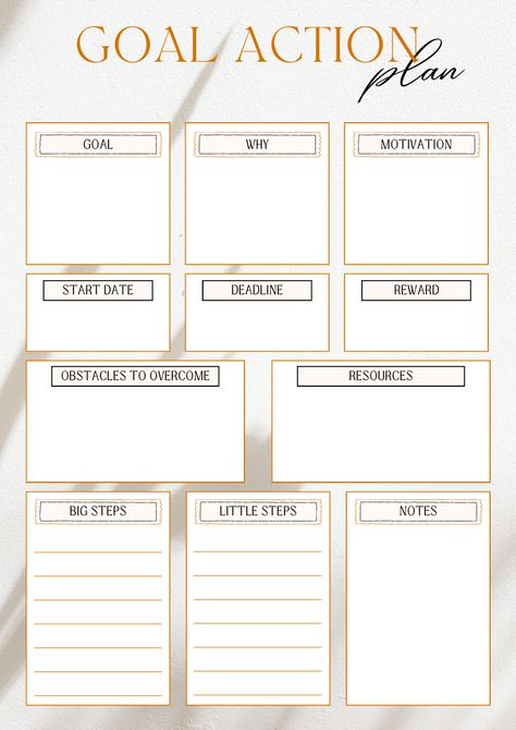 printout Goal Action plan aesthetic granular Goal Action plan template goal planning template goal into action tool printout goal planning worksheet print plan your goal into actual steps a goal broken down into steps life goals planner ideas planner ideas for goals Planning Goals Ideas, Action Plan Template Business, Goals Chart Ideas, Plan Of Action Goal Settings, Diy Goal Tracker, Plan Of Action Template, Life Goals Worksheet, Goals Action Plan, Goal Tracking Ideas