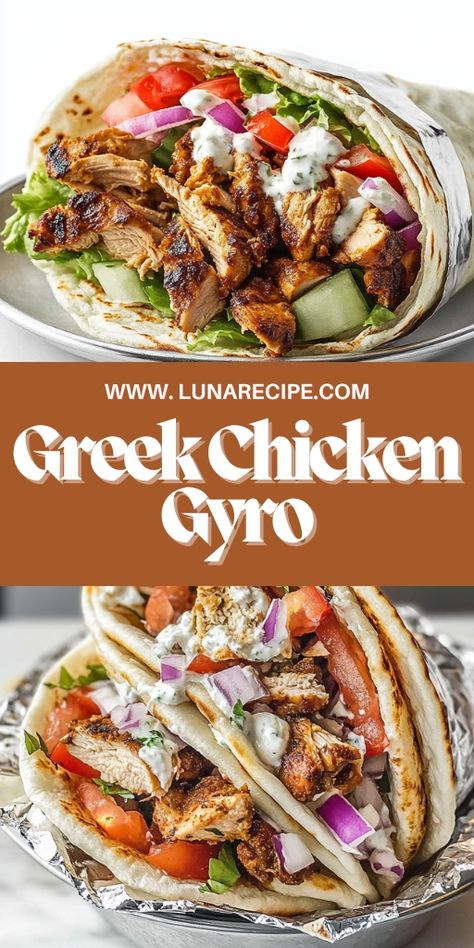 🥙 Bring the flavors of Greece to your kitchen with this Homemade Greek Chicken Gyro recipe! Marinated chicken, fresh veggies, and creamy tzatziki sauce wrapped in warm pita bread make for an authentic and delicious meal! This easy-to-make recipe is perfect for weeknight dinners or meal prep and is sure to please everyone at the table. #GreekGyro #MediterraneanFood #ChickenGyro #EasyRecipes #GreekCuisine #DinnerIdeas Meal Prep For The Week Greek, Greek Chicken Kebabs With Tzatziki Sauce, Greek Chicken Lettuce Wraps, Chicken In Pita Bread, Gyro Chicken Bowl, Shrimp Gyros Recipe, Build Your Own Gyro Bar, Chicken Gyro Meat, Chicken And Tzatziki Recipes