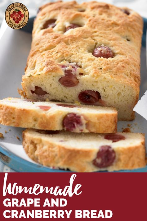 Here's a simple bread recipe for fall with no yeast featuring grapes from California and cranberries.  Good for breakfast or for a treat at night, this homemade bread is delicious topped with butter, or left as is.  #breakfast #simple #noyeast #butter #night #bakingrecipes #breadrecipeseasy #bread #breadrecipeshomemade #breadrecipes #breadbaking Grape Bread Recipes, Grape Bread, Simple Bread Recipe, Breakfast Simple, Cranberry Tea, Simple Bread, Recipe For Fall, Bread Soup, Grape Recipes