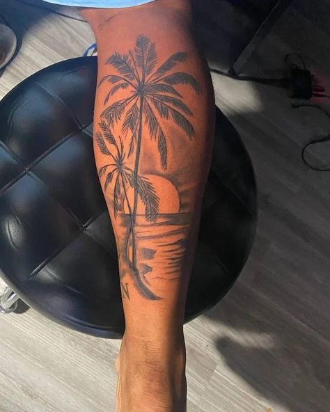 Ocean Theme Tattoos Men, Beach Arm Tattoo, Florida Tattoo Ideas For Men, Island Tattoo Ideas, Leg Tats Men, Cuban Tattoos, Beach Theme Tattoos, 17 Tattoo, Ocean Theme Tattoos