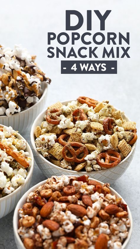 Give your snacking a major makeover with these 4 DIY Easy Popcorn Snack Mixes! They're made with freshly popped popcorn on the stovetop with different healthy add-ins for a flavorful, crunchy snack. Popcorn Snack Mix Recipes, Healthy Holiday Appetizers, Cleansing Recipes, Prep Snacks, Easy Popcorn, Healthy Popcorn, Popcorn Mix, Fit Foodie Finds, Snack Mixes