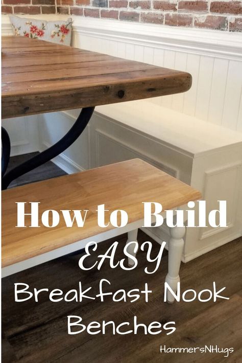 Take the included materials list with dimensions and quantities to your local hardware store, and discover a trick on how to build easy breakfast nook benches with this DIY tutorial.  . .  #frenchcountrycottage #frenchcountry #frenchcountrydecor #decor #design #frenchcountrystyle #cottagestyle #shabbychic #farmhousestyle #fixerupper #diy #doityourself #diy  #diydecor #homeimprovement #renovation #remodeling #diyideas Easy Diy Breakfast Nook, Diy Bench Kitchen Table, How To Build A Bench For Kitchen Table, How To Make A Breakfast Nook, Diy Breakfast Nook Bench With Storage, Built In Table Kitchen Breakfast Nooks, Kitchen Nook Diy, Diy Nook Bench, Kitchen Nook Bench