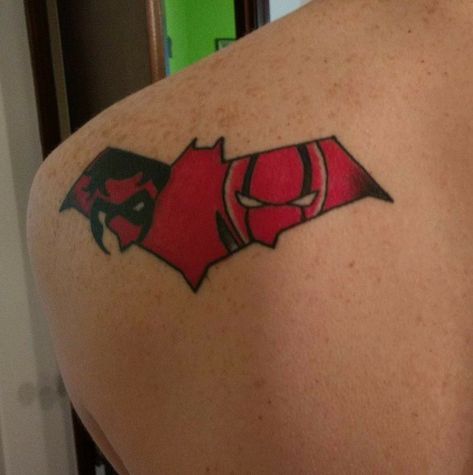 Batfamily Tattoo Ideas, Bat Family Tattoo, Jason Todd Symbol, Batfamily Tattoo, Jason Todd Tattoo, Jason Todd Tattoo Ideas, Red Hood Tattoo Ideas, Red Hood Tattoo, Red Hood Symbol