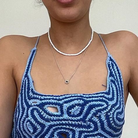 Roshni Brook | handmade crochet and knitwear 🧶 on Instagram: "Blue swirly top with tie back :) - really loved making this piece 💙 Inspired by loupystudio What do you think?? 😝 #crochettop #crochetsummertop #openback #handmadecrochet #handmadeclothing #slowfashion" Crochet Swirl Top, Crochet Tie Back Top, Tie Back Crochet Top, Crochet Tie Up Top, Crochet Tie Top, Crochet Swirl, Blue Crochet Top, White Crochet Top, Tøp Aesthetic