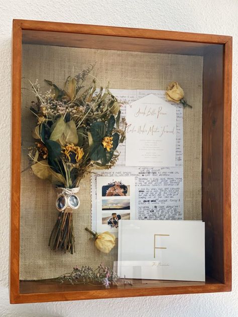 How To Make A Wedding Shadow Box Display, Wedding Bouquet Storage Ideas, Dried Flowers In Shadow Box Display, How To Make A Shadow Box Display, Dried Bouquet Display, Wedding Shadow Box Ideas, Shadow Box Memorial, Shadow Box Wedding, Mahar Rustic