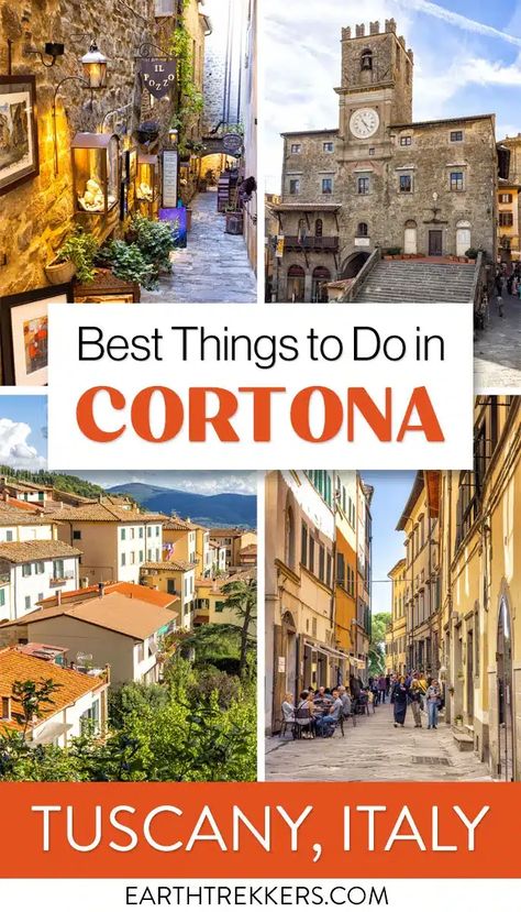 Best things to do in Cortona, Tuscany, Italy. This town was made famous by the movie Under the Tuscan Sun. It can be added on to a visit with Montepulciano, Pienza, Arezzo, or Assisi. Earth Trekkers, Cortona Tuscany, Cortona Italy, 10 Days In Italy, Italy Trip Planning, Portugal Trip, Italy 2023, Tuscan Towns, Florence Italy Travel