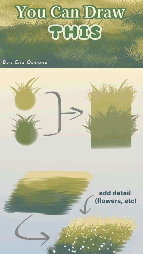 Grass Tutoial Forest Tutorial Drawing, Drawing Grass Digital, How To Color Wood Digital Art, Nature Digital Art Tutorial, Landscape Art Procreate, Art Painting Digital, Landscape Paintings Digital Art, How To Paint Grass Digital, Dirt Drawing Reference