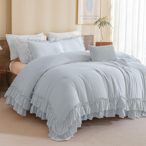 PRICES MAY VARY. 【Ultra Soft Material】Masaca vintage farmhouse bedding comforter king size is with latest stone washed process craft,ultra softer touch feeling than other similar items.Comfy and fluffy for all seasons. 【Farmhouse Ruffle Style】Masaca cornflower blue ruffle ruffled king bedding comforter set is with 2-layer HANDMADE ruffle hems and solid light blue color,this farmhouse shabby boho chic king bed set will help you build a french style house that full of vintage farmhouse looking. 【E Blue And White Toile Bedroom, Comforter King Size, White And Blue Comforter Bedroom, Silky Ruffle Bedding Set, Cute Beds Frames, Southern Bedding Sets, Navy Blue Bedding Farmhouse, Coastal Shabby Chic Bedroom, Puffy Bedding Comforter