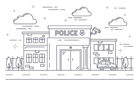 Police station building. Premium Vector | Premium Vector #Freepik #vector #police-station #police #patrol #police-officer Police Station Drawing, Station Drawing, Preschool Community Helpers Theme, Village Drawing, Family Coloring Pages, Line Doodles, City Sketch, Building Drawing, Family Coloring