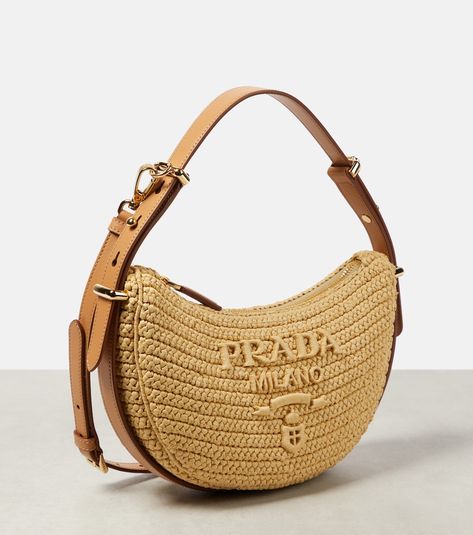 Prada Arqué raffia-effect shoulder bag in beige - Prada | Mytheresa Ysl Straw Bag, Prada Raffia Bag, Straw Aesthetic, Rafia Bag, Prada Raffia, Leather Crochet, Hand Beaded Bag, Bags Prada, Luxury Bags Collection