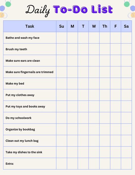 Help your child stay on track with this fun daily to-do list! Designed to keep kids organized, this engaging chart allows them to check off tasks as they complete them, fostering independence and responsibility. Perfect for home use, it's a great way to track daily tasks and reward good behavior!  About this product: * This is a digital download- no physical product will be mailed * 8.5 x 11 standard size document * Can be printed at home or in a store * Color variations may occur due to differences in printers and computer screens Behavior Chart Ideas, Daily Chores For Kids, Chore List Printable, Household Chores List, Activity Chart, Home Behavior Charts, Chores List, Chore List For Kids, Kids Chore Chart