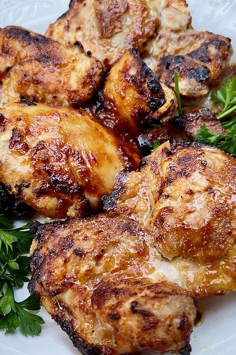 Air Fryer Honey-Mustard Chicken Thighs Fried Chicken Thighs Boneless, Air Fryer Honey Mustard Chicken, Simple Chicken Recipes, Honey Mustard Sauce Recipe, Maple Mustard Chicken, Mustard Chicken Breast, Honey Mustard Chicken Thighs, Honey Dijon Chicken, Mustard Chicken Thighs