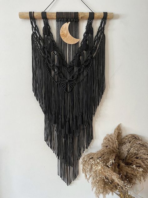 Extra long macrame wall hanging with wooden moon, black headboard for modern apartment, dark fibre tapestry, gothic style aesthetic art by knotebook on Etsy Long Macrame Wall Hanging, Apartment Dark, Wooden Moon, Black Macrame, Black Headboard, Moon Black, Style Aesthetic, Gothic Style, Modern Apartment