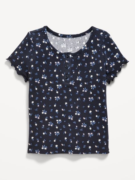 crew neck short sleeves lettuce edge cuffs three-button henley placket all-over print semi fitted hits at waist Kids Clothes Girls, Old Navy Kids, Henley T Shirt, Old Navy Shorts, Grad Party, Navy Floral, Print Pattern, Costume Design, Toddler Girls