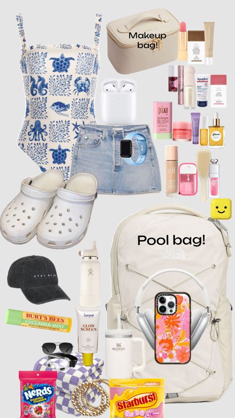 My pool bag and makeup bag!! <3 Amusement Park Bag, Park Bag Essentials, Pool Bag, Pool Bags, Bag Essentials, Moisturizing Lip Balm, Essential Bag, Burts Bees, Lip Moisturizer