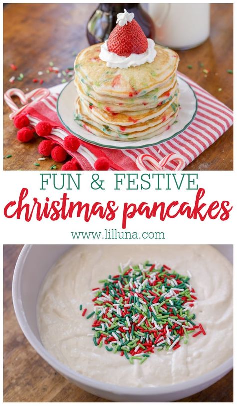 Adorable Christmas Pancakes filled with red and green sprinkles are perfect for Christmas morning and easy enough for the kids to help too! #christmaspancakes #pancakerecipe #holidaypancakes #pancakes #christmasbreakfast #sprinkles #kidfriendly Christmas Pancake Recipe, Fun Christmas Recipes For Kids, Christmas Morning Kids Breakfast, Christmas Pancake Breakfast, Easy Christmas Pancakes, Fun Christmas Morning Breakfast, Christmas Food To Make With Kids, Christmas Breakfast Ideas Pancakes, Christmas Sweets For Kids