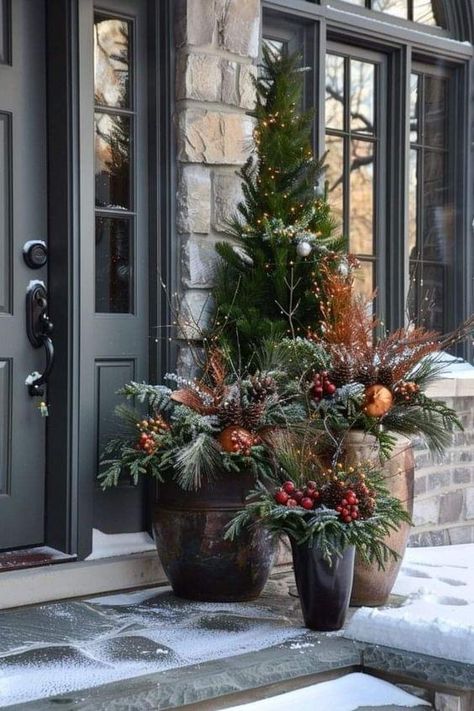 Christmas Door Ideas, Outdoor Planter Ideas, Outdoor Christmas Planters, Planter Decor, Holiday Planter, Winter Planter, Christmas Pots, Christmas Planters, Christmas Front Porch