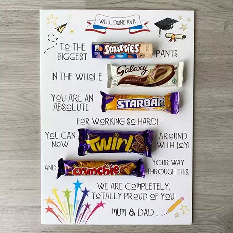 Key Features:Personalise with your chosen name and a special messagePacked full of childhood favouritesA great way to celebrate Features all your favourite choccy bars!The perfect gift to say congratulations! If you're looking for a new way to say congratulations on passing exams, then look no further! With our exclusive chocolate board say a big well done to them whilst rewarding them with their favourite treats. A perfect way to end the stress after a long period of working hard towards their goals! Including Smarties, Galaxy, Starbar, Twirl and crunchie!Personalisation:Personalise their board with a name in up to 12 characters and a message at the bottom in up to 65 charactersThe name can be changed to suit your preference.Personalisation will appear exactly as entered, please double ch Good Luck For Exams Gift Ideas, Exam Congratulations, Chocolate Board, Good Luck For Exams, Exams Gift, Ways To Say Congratulations, Graduation Message, Passed Driving Test, Chocolate Card