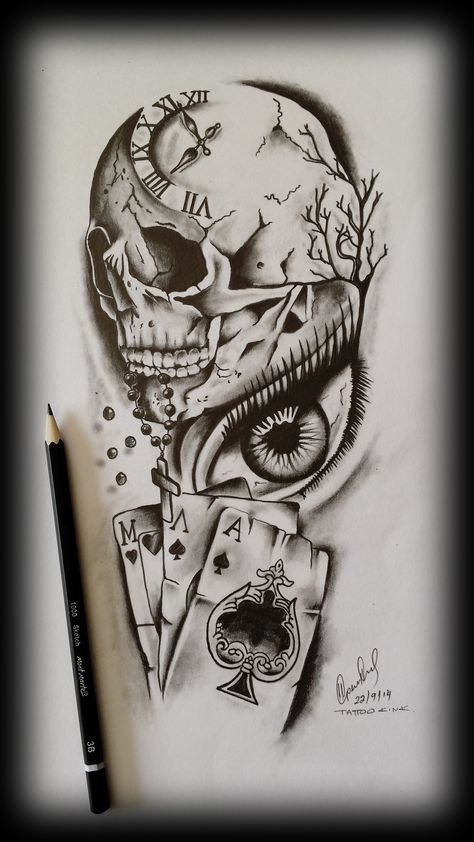 Tattoo Designs Tattoo Kink Studio Tattoo Design Drawings For Men, Rosen Tattoo Frau, Lovely Tattoo, Tato Ikan Koi, Evil Skull Tattoo, Skull Art Tattoo, Catrina Tattoo, Card Tattoo Designs, Skull Sleeve Tattoos