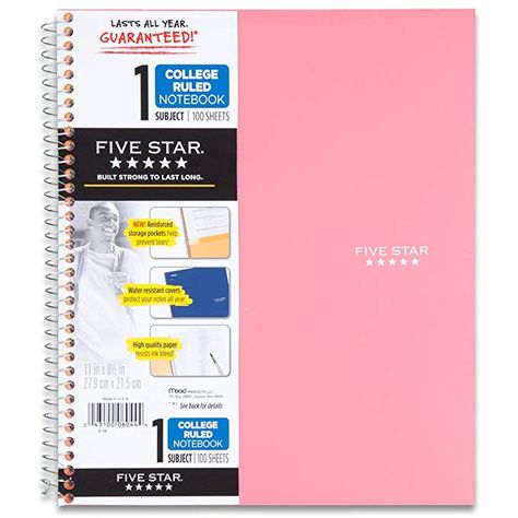 Amazon.com : Five Star Spiral Notebook, 1 Subject, College Ruled Paper, 100 Sheets, 11" x 8-1/2", Pink (72049) : College Ruled One Subject Notebook : Gateway Five Star Notebook Aesthetic, Highschool Supplies, Star Notebook, Five Star Notebook, Middle School Supplies, Organization Notes, College Notebook, Pretty School Supplies, School Suplies